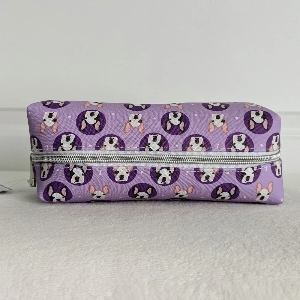 Boston Terrier Frenchie Cosmetic Bag Case Saffiano Vinyl Purple Lined NWT
